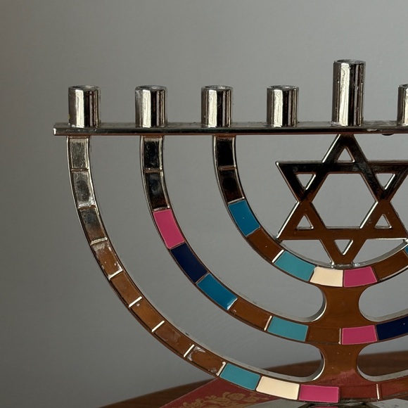 Silver-Tone Enamel Menorah with Multicolor Inlays - Picture 4 of 15